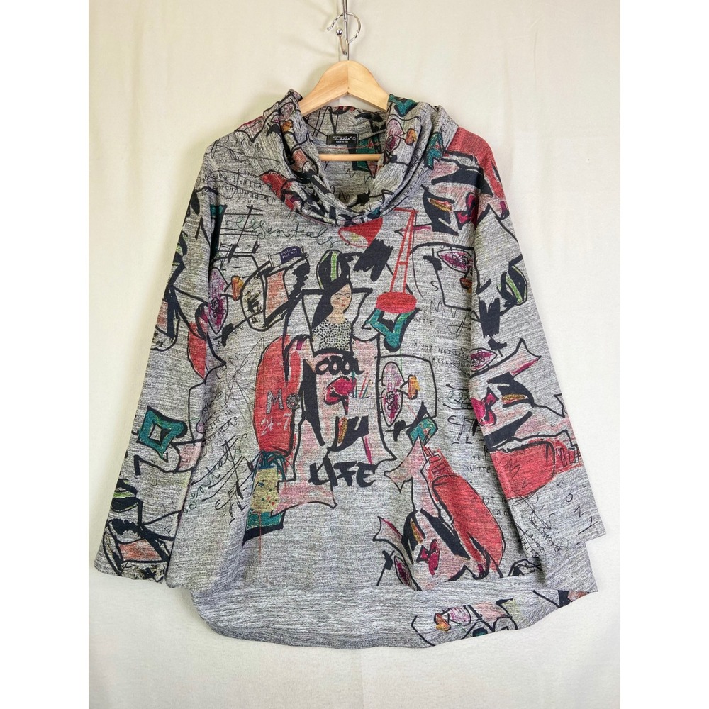 Inoah Womens Cool Life Graphic Cowl Neck Tunic Top Grey Heathered Size L